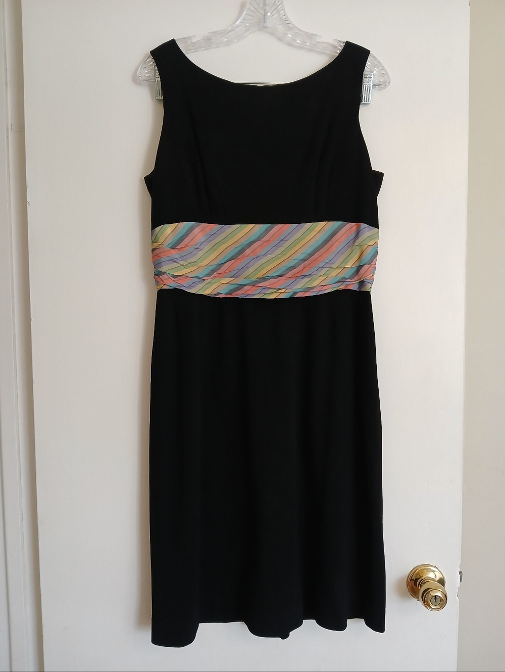Vintage Medium Sleeveless Black Midi Dress with Multicolor Waistband